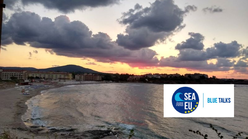 Wybrzeże z hotelem i logo Blue Talks