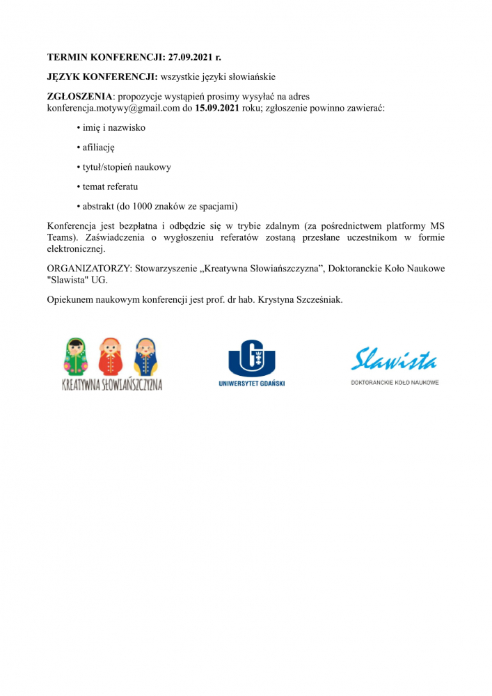 I Slawistyczna Konferencja Naukowa „Motywy” - II część komunikatu