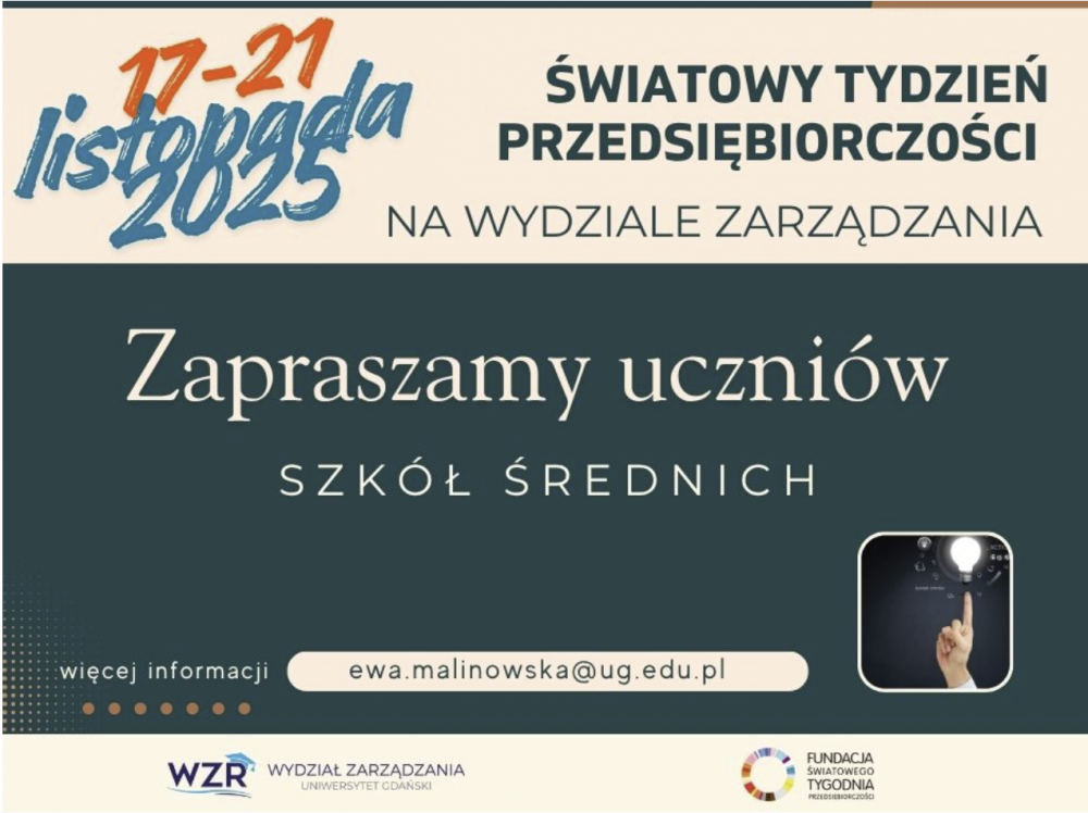 Baner zapowiadający Światowy Tydzień Przedsiębiorczości na WZ UG