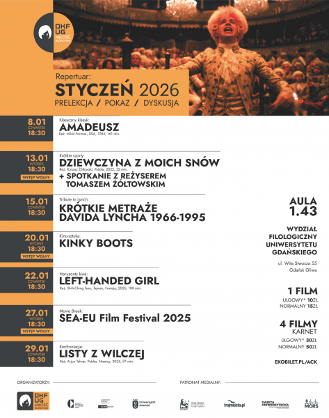 Baner reklamowy "Sprawdź repertuar filmowy DKF UG na styczeń 2026"