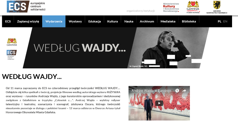 Fragment strony www ECS informującej o Według Wajdy