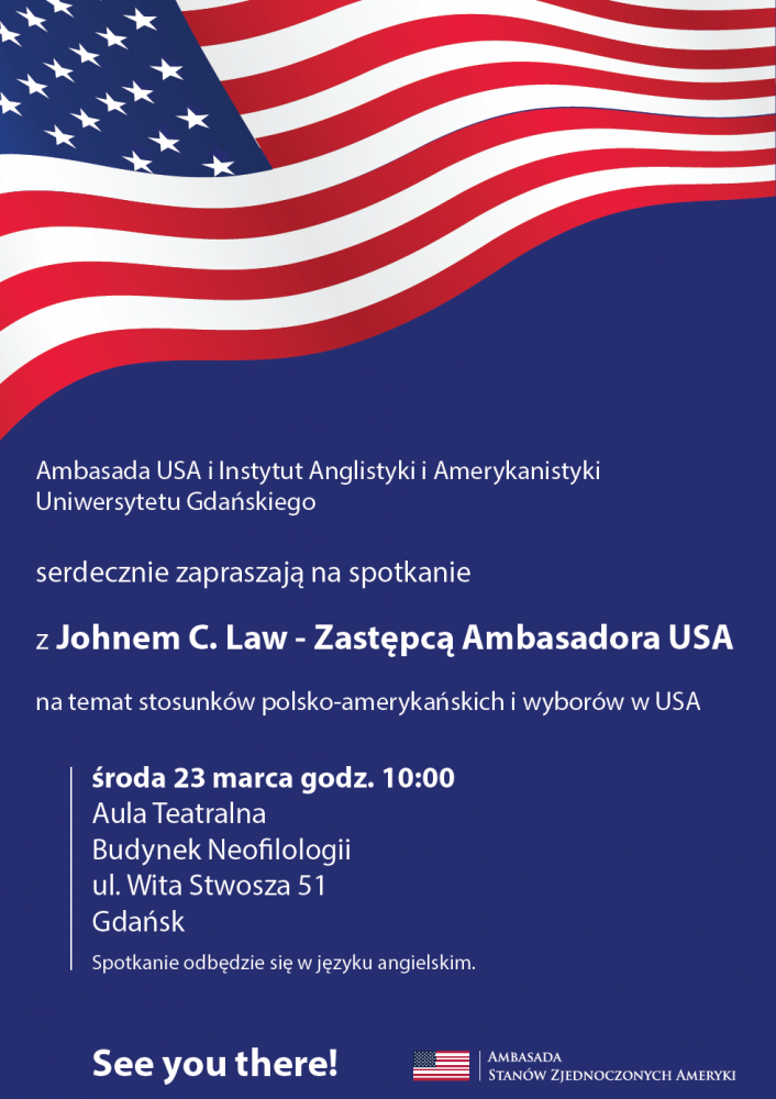 Plakat promujący wykład wiceambasadora