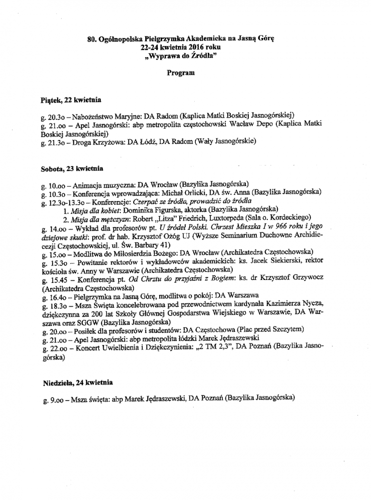 Plan pielgrzymki akademickiej