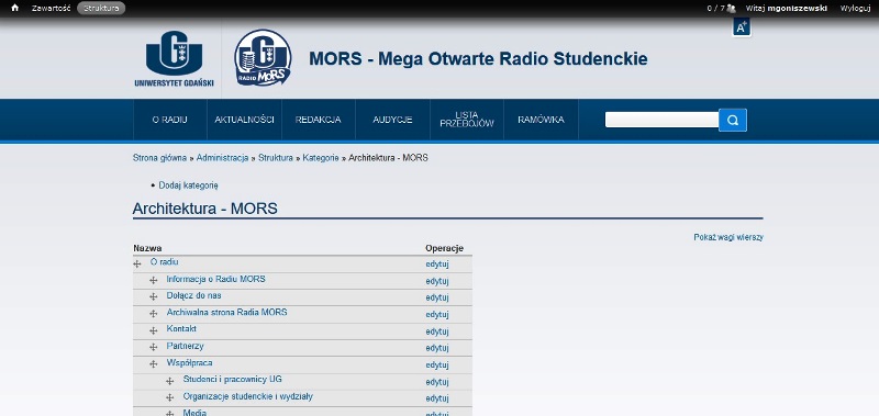 Fragment panelu administracyjnego strony Radia MORS