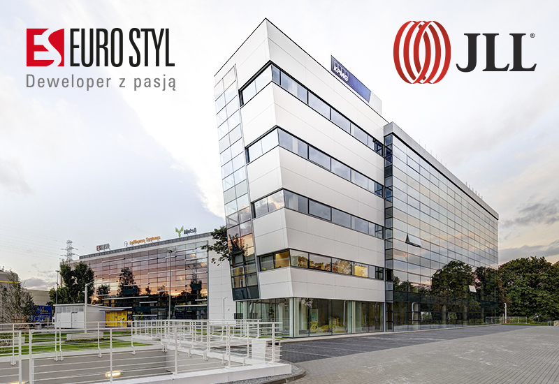 Biurowiec w Gdańsku Wrzeszczu oraz loga EuroStylu i JLL