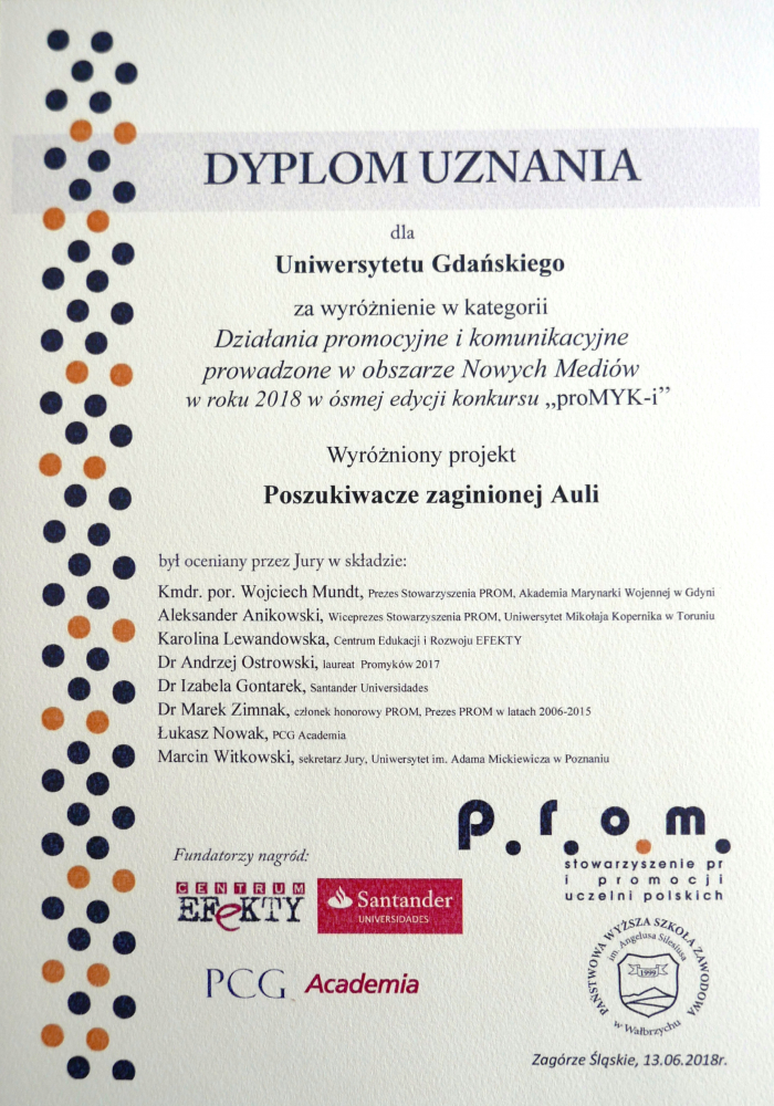 Dyplom za projekt Poszukiwacze zaginionej Auli