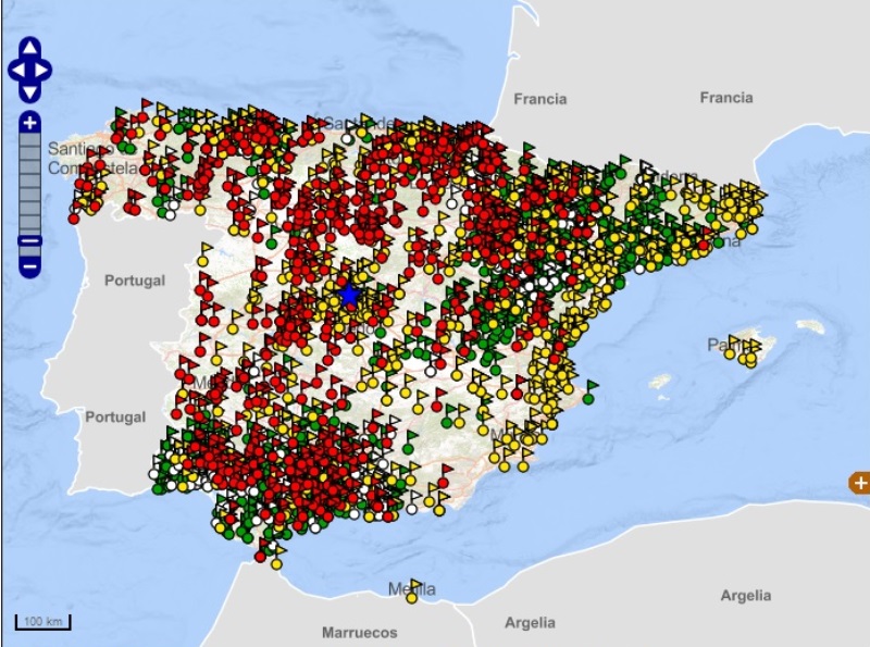 Mapa Hiszpanii z zaznaczonymi mogiłami